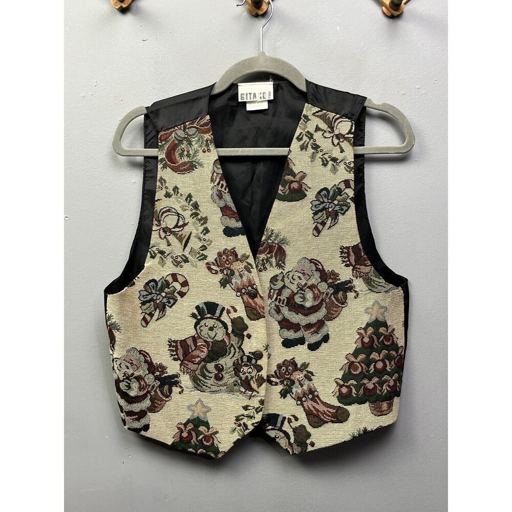 Gitano Christmas Vest Womens One Size Fits Most Santa Tapestry Button Up Metal